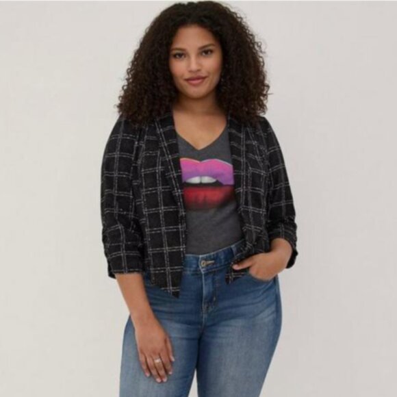 🍒 TORRID Rouched Sleeve Open Front Blazer Crepe Plaid Black Sz 3 | 3X - Picture 1 of 16